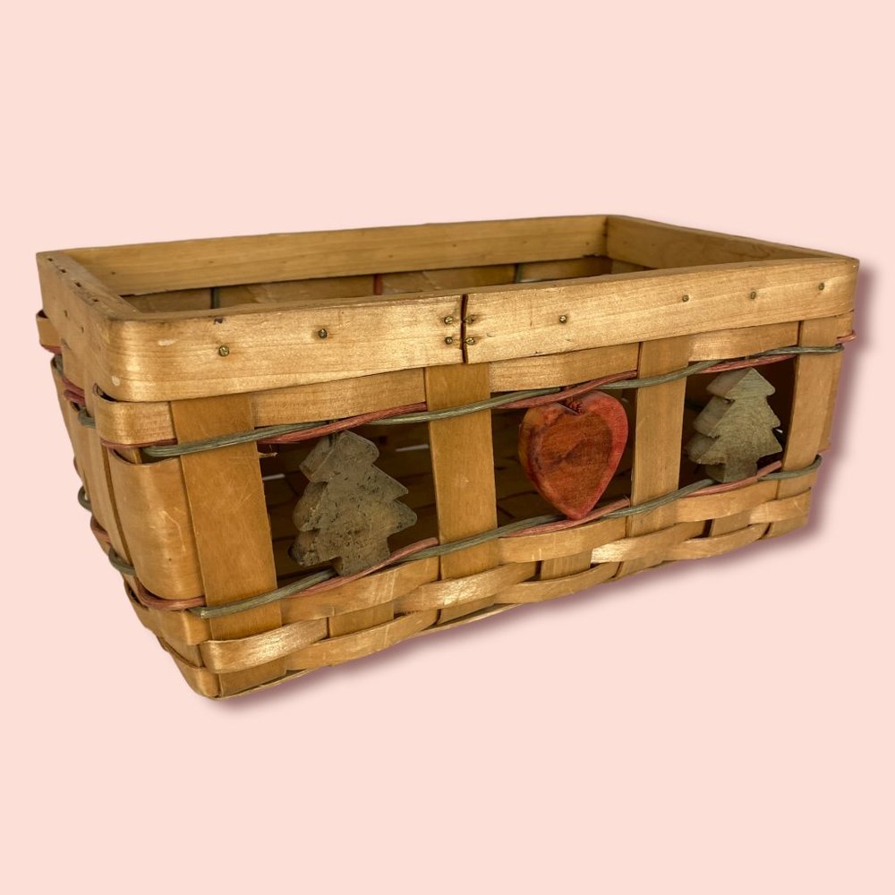 Vintage Woven Holiday/Heart Wooden Basket